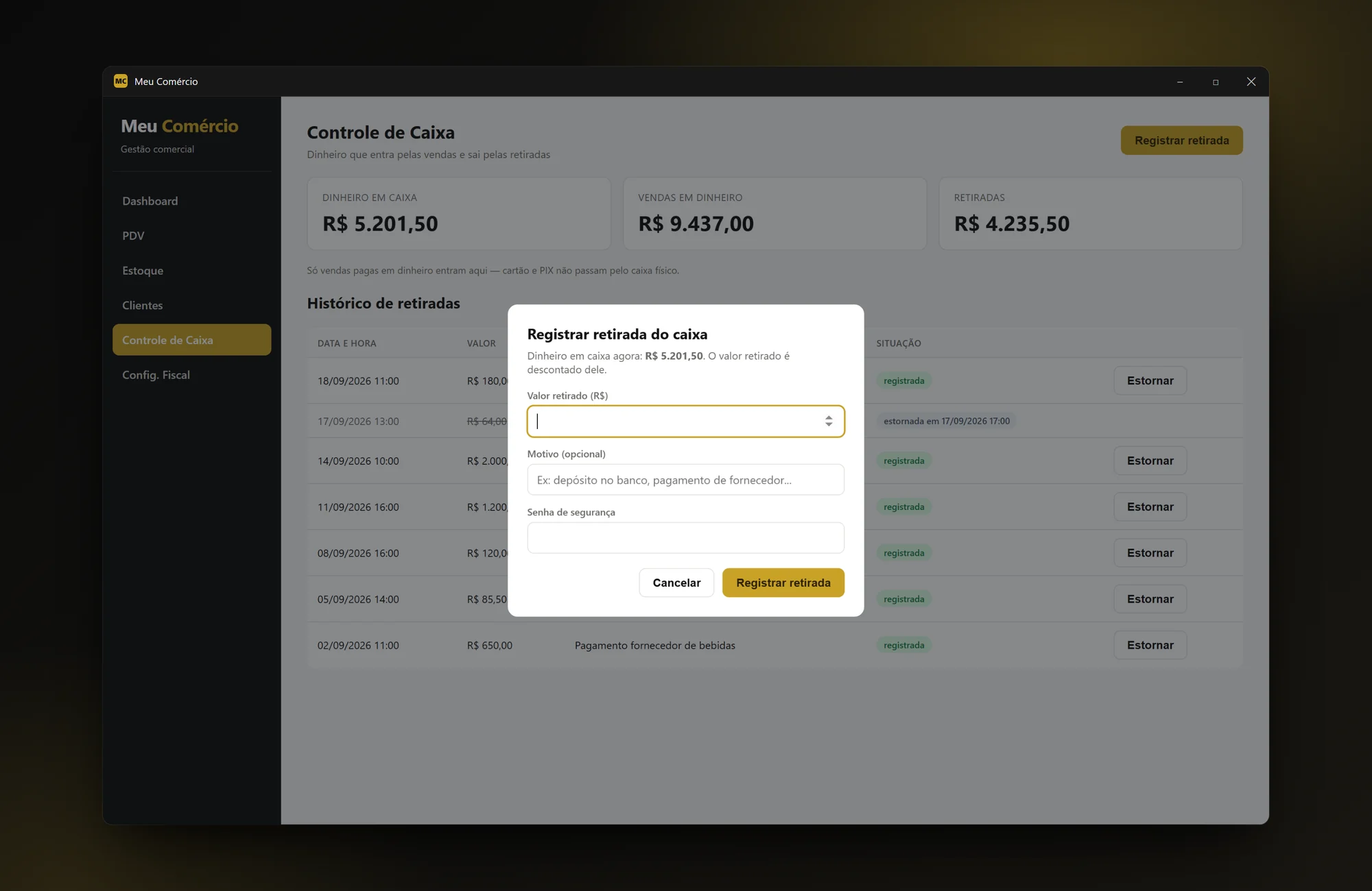 Janela de registrar retirada do caixa exigindo a senha de segurança.