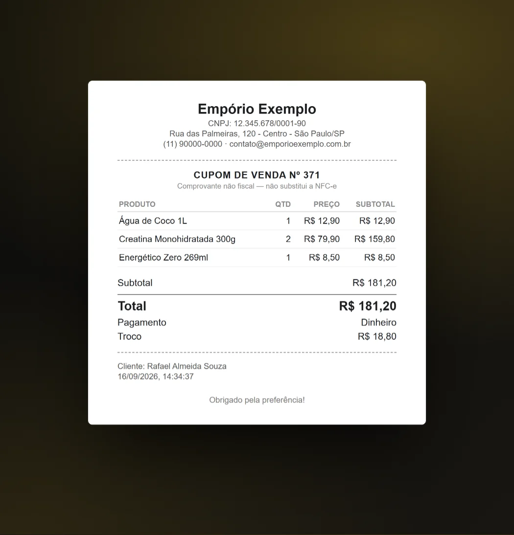 Cupom de venda em papel com itens, total, forma de pagamento e troco.